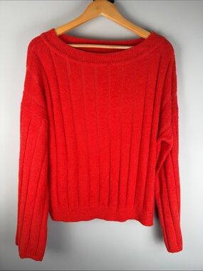 Tularosa Bright Red Orange Cabincore Textured Scoopneck Sweater